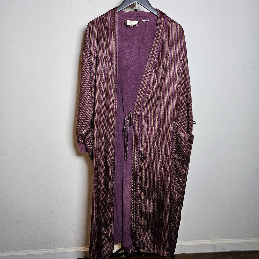 Vintage 80s Victorias Secret Gold Label Striped Satin Terry Lined Robe M/L